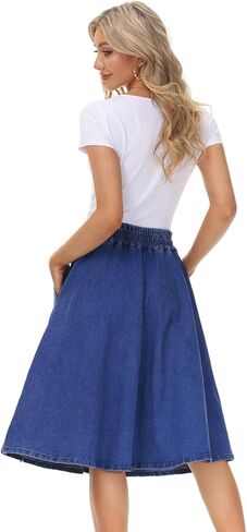 KANCY KOLE Women Casual Denim Skirts Frill Tie Waist A-Line Midi Jean Skirt with Pockets S-XXL in Kuwait