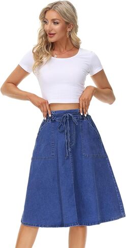 KANCY KOLE Women Casual Denim Skirts Frill Tie Waist A-Line Midi Jean Skirt with Pockets S-XXL in Kuwait