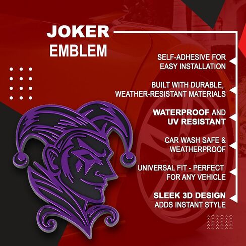 شارة المهرج ثلاثية الأبعاد من Joker Emblem - ملصق سيارة مخصص للسيارة والشاحنة وسيارات الدفع الرباعي - صندوق خارجي متين، غطاء محرك السيارة، حاجز (مجموعة من 2) (أحمر) in Kuwait