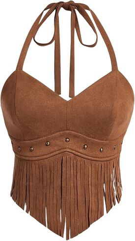 OYOANGLE Women's Plus Size Fringe Halter Top V Neck Beaded Cowgirl Western Suede Crop Top in Saudi Arabia