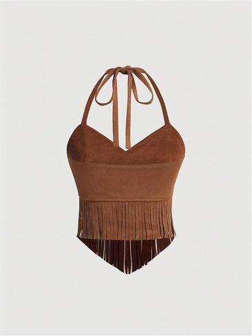 OYOANGLE Women's Plus Size Fringe Halter Top V Neck Beaded Cowgirl Western Suede Crop Top in Saudi Arabia