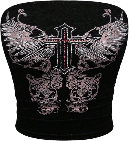 WDIRARA Women's Gothic Graphic Rhinestone Tube Top Strapless Grunge Punk Bandeau Crop Tops in Saudi Arabia