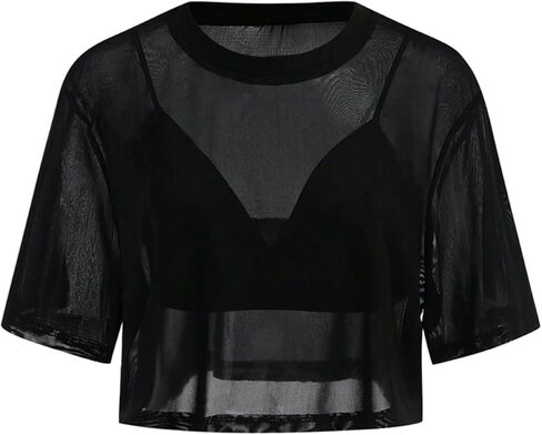 Women's Two Piece Sheer Mesh Short Sleeve Cropped T Shirts with Deep V Neck Cami Tank Tops in Saudi Arabia