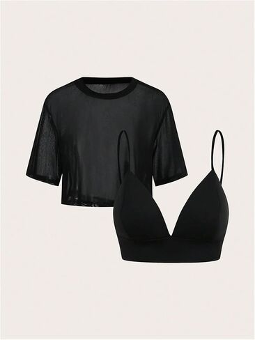 Women's Two Piece Sheer Mesh Short Sleeve Cropped T Shirts with Deep V Neck Cami Tank Tops in Saudi Arabia