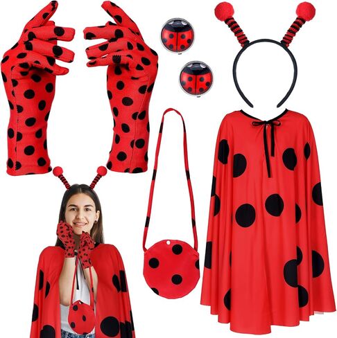 Mepase 5 Pcs Ladybug Costume Set for Women Girls Ladybug Outfits Included Headband Gloves Earrings Bag and Cloak Halloween Birthday Party Cosplay Outfit Clothes in Saudi Arabia