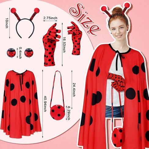 Mepase 5 Pcs Ladybug Costume Set for Women Girls Ladybug Outfits Included Headband Gloves Earrings Bag and Cloak Halloween Birthday Party Cosplay Outfit Clothes in Saudi Arabia