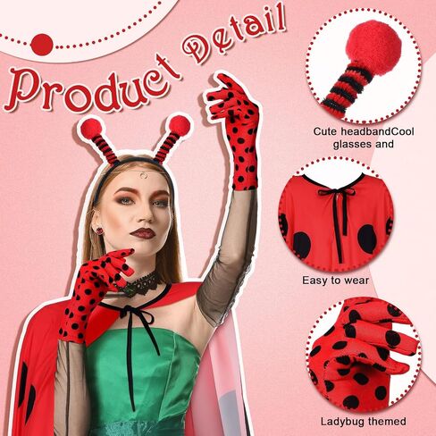 Mepase 5 Pcs Ladybug Costume Set for Women Girls Ladybug Outfits Included Headband Gloves Earrings Bag and Cloak Halloween Birthday Party Cosplay Outfit Clothes in Saudi Arabia
