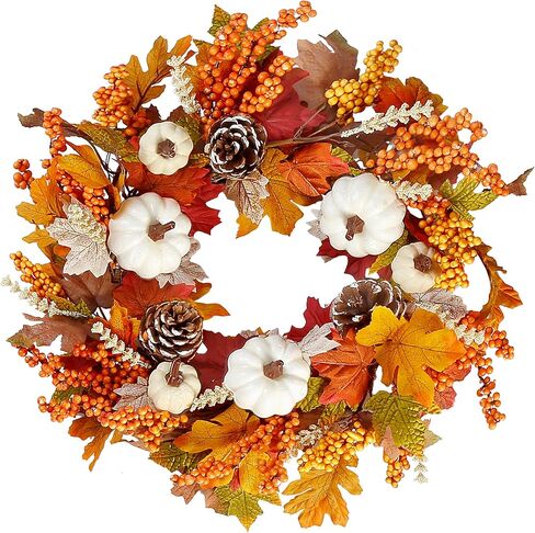 Sggvecsy Fall Wreath 20’’ Autumn Front Door Wreath Harvest Wreath with Flocked Lambs Ear White Pumpkins Pine Cones Various Berries for Outside Indoor Home Wall Festival Thanksgiving Farmhouse Decor in Saudi Arabia