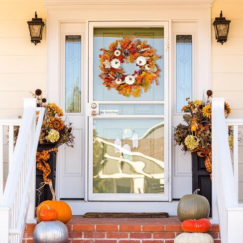 Sggvecsy Fall Wreath 20’’ Autumn Front Door Wreath Harvest Wreath with Flocked Lambs Ear White Pumpkins Pine Cones Various Berries for Outside Indoor Home Wall Festival Thanksgiving Farmhouse Decor in Saudi Arabia