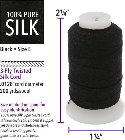 The Beadsmith Pure Silk Cord – Black Color – Size 00 (0.127mm/0.0005") – 695 Yards (2085ft), 1/2-Ounce Spool – for Knotting Pearls, Gemstones, Crystals and Beads in Kuwait