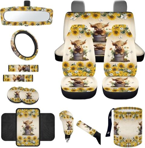 مجموعة غطاء مقعد السيارة Wanyint باللون البني والبيج المطبوع 14 قطعة، مع وسادة حزام مقعد عجلة القيادة وحقيبة القمامة ومرآة الرؤية الخلفية ومسند الذراع وصندوق المقعد ومجموعة غطاء فرامل اليد وأغطية السيارة تناسب سيارات الدفع الرباعي سيدان in Kuwait