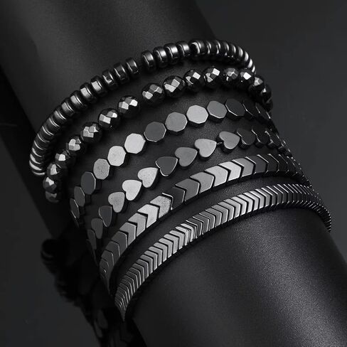 Healing Hematite Black Matte Beads Stretch Bracelet Geometric Love Heart Round Bead Yoga Chakra Meditation Relax Anxiety Adjustable Bracelets Jewelry Gift for Women Men in Saudi Arabia
