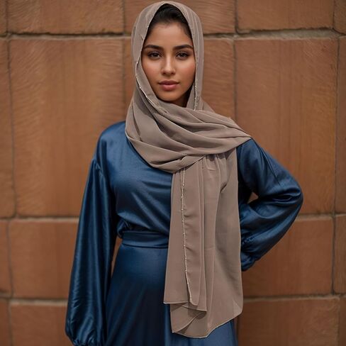 حجاب شيفون عصري للنساء، وشاح مع سلاسل خرز ذهبي مزخرف إكسسوارات عباية حجاب إسلامي شال in Kuwait