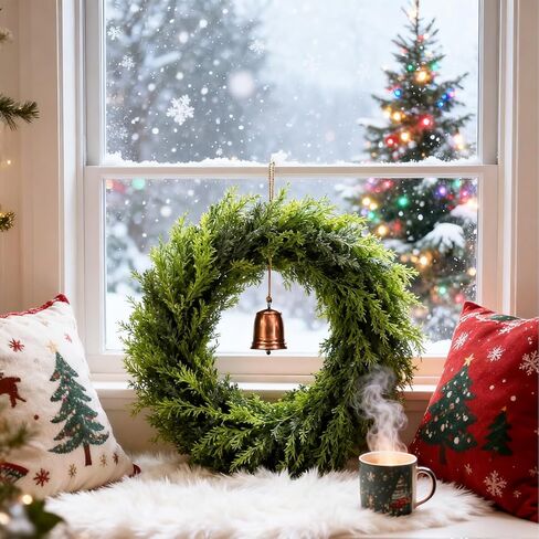 Real Touch Artificial Cedar Wreath 20" with Bell Fake Christmas Wreaths for Front Door Faux Pine Greenery Heart Wreaths for Home,Window,Table,Mantle,Wall,Indoor,Outdoor Xmas Decorations in Saudi Arabia