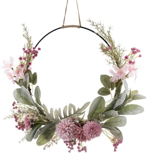 Artificial Floral Wreath for Front Door Floral Hoop Wreath Decor with Pink Flower Green Leaves Garland for Home Wall Window Wedding Party Hanging Decorations in Saudi Arabia