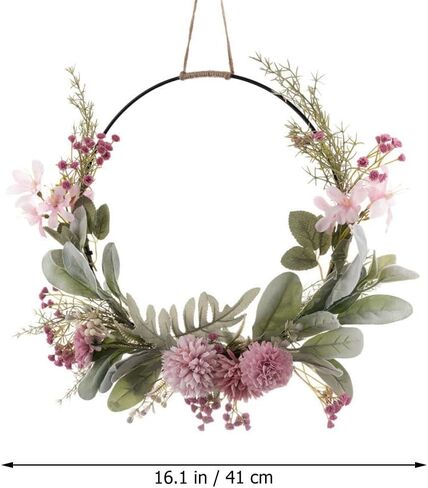 Artificial Floral Wreath for Front Door Floral Hoop Wreath Decor with Pink Flower Green Leaves Garland for Home Wall Window Wedding Party Hanging Decorations in Saudi Arabia