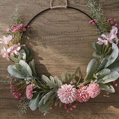 Artificial Floral Wreath for Front Door Floral Hoop Wreath Decor with Pink Flower Green Leaves Garland for Home Wall Window Wedding Party Hanging Decorations in Saudi Arabia