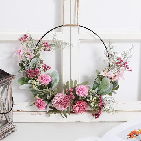 Artificial Floral Wreath for Front Door Floral Hoop Wreath Decor with Pink Flower Green Leaves Garland for Home Wall Window Wedding Party Hanging Decorations in Saudi Arabia