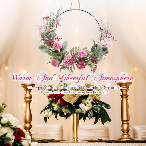 Artificial Floral Wreath for Front Door Floral Hoop Wreath Decor with Pink Flower Green Leaves Garland for Home Wall Window Wedding Party Hanging Decorations in Saudi Arabia