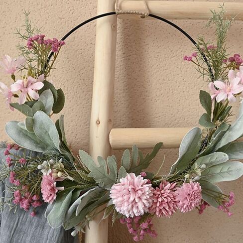 Artificial Floral Wreath for Front Door Floral Hoop Wreath Decor with Pink Flower Green Leaves Garland for Home Wall Window Wedding Party Hanging Decorations in Saudi Arabia