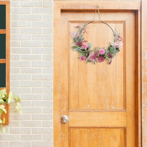 Artificial Floral Wreath for Front Door Floral Hoop Wreath Decor with Pink Flower Green Leaves Garland for Home Wall Window Wedding Party Hanging Decorations in Saudi Arabia