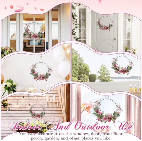 Artificial Floral Wreath for Front Door Floral Hoop Wreath Decor with Pink Flower Green Leaves Garland for Home Wall Window Wedding Party Hanging Decorations in Saudi Arabia