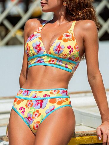 CUPSHE Women's Bikini Set High Waisted Two Piece Swimsuit V Neck Color Block Bathing Suit Crisscross Back Self Tie in Saudi Arabia