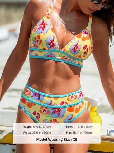 CUPSHE Women's Bikini Set High Waisted Two Piece Swimsuit V Neck Color Block Bathing Suit Crisscross Back Self Tie in Saudi Arabia