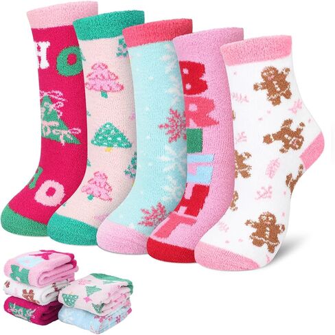 JenPen 5 Pairs Pink Christmas Fuzzy Socks Merry and Bright Plush Fuzzy Pastel Slipper Socks Warm Winter Stocking Holiday Gifts for Women Girls in Saudi Arabia