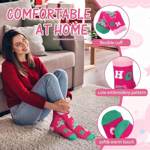 JenPen 5 Pairs Pink Christmas Fuzzy Socks Merry and Bright Plush Fuzzy Pastel Slipper Socks Warm Winter Stocking Holiday Gifts for Women Girls in Saudi Arabia