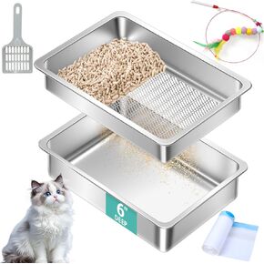 Foldable Stainless Steel Covered Cat Litter Box with Lid Mat -Metal Enclosed Extra Large Top Entry Kitty Litter Pan Tray with Scoop :Anti-Leakage, Odor Control, Easy Clean(Covered-Grey) in Kuwait