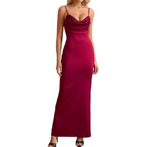 EYNMIN Women's Satin Spaghetti Strap Maxi Dress Lace Cowl Neck Backless Bodycon Long Cocktail Wedding Guest Dresses in Saudi Arabia