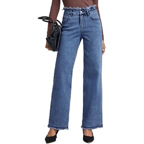 Astylish Womens High Waisted Raw Hem Jeans Stretchy Wide Leg Frayed Straight Denim Pants in Kuwait