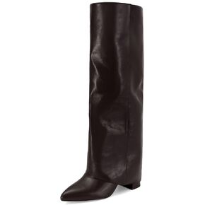Dsevht أحذية طويلة للركبة من الجلد الأسود للنساء قابلة للطي بكعب عالٍ مكتنز وسحب على مقدمة مدببة فستان طويل طويل للخروج للنساء in Kuwait