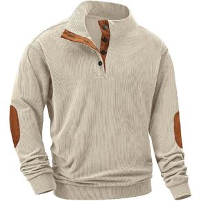 Men's Fashion Corduroy Sweatshirt Long Sleeve Button-Down Shirt Stand Collar Pullover Sweater in Kuwait