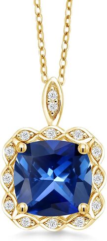 جوهرة الحجر الملك 3-6 Cttw 18K الذهب الأصفر مطلي الفضة 10MM وسادة الأحجار الكريمة جوهرة الميلاد قلادة قلادة | قلادة هالو للنساء | قلادة ذهب | مع سلسلة فضية مقاس 18 بوصة in Kuwait