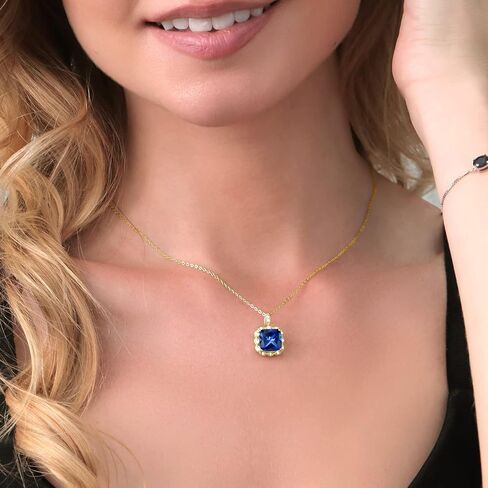 جوهرة الحجر الملك 3-6 Cttw 18K الذهب الأصفر مطلي الفضة 10MM وسادة الأحجار الكريمة جوهرة الميلاد قلادة قلادة | قلادة هالو للنساء | قلادة ذهب | مع سلسلة فضية مقاس 18 بوصة in Kuwait
