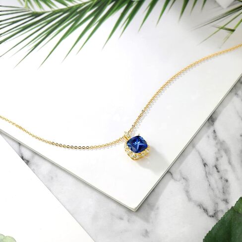 جوهرة الحجر الملك 3-6 Cttw 18K الذهب الأصفر مطلي الفضة 10MM وسادة الأحجار الكريمة جوهرة الميلاد قلادة قلادة | قلادة هالو للنساء | قلادة ذهب | مع سلسلة فضية مقاس 18 بوصة in Kuwait
