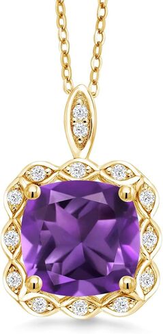 Gem Stone King 3-6 Cttw 18K Yellow Gold Plated Silver 10MM Cushion Gemstone Birthstone Pendant Necklace | Halo Necklace For Women | Gold Necklace | With 18 Inch Silver Chain in Saudi Arabia