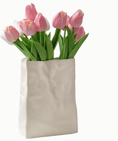 Paper Bag Vase Crinkle Wide Ceramic Flower Vase Cream White Boho Wabi-Sabi Vases, Cute Home Office Living Room Decor Aesthetic Unique Bookshelf Decorative, Bouquet Gifts for Women Girl 8 Inch in Kuwait