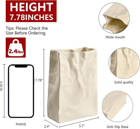 Paper Bag Vase Crinkle Wide Ceramic Flower Vase Cream White Boho Wabi-Sabi Vases, Cute Home Office Living Room Decor Aesthetic Unique Bookshelf Decorative, Bouquet Gifts for Women Girl 8 Inch in Kuwait