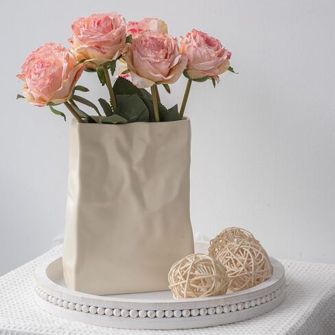 Paper Bag Vase Crinkle Wide Ceramic Flower Vase Cream White Boho Wabi-Sabi Vases, Cute Home Office Living Room Decor Aesthetic Unique Bookshelf Decorative, Bouquet Gifts for Women Girl 8 Inch in Kuwait