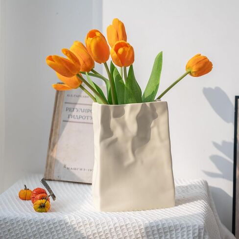 Paper Bag Vase Crinkle Wide Ceramic Flower Vase Cream White Boho Wabi-Sabi Vases, Cute Home Office Living Room Decor Aesthetic Unique Bookshelf Decorative, Bouquet Gifts for Women Girl 8 Inch in Kuwait