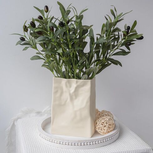 Paper Bag Vase Crinkle Wide Ceramic Flower Vase Cream White Boho Wabi-Sabi Vases, Cute Home Office Living Room Decor Aesthetic Unique Bookshelf Decorative, Bouquet Gifts for Women Girl 8 Inch in Kuwait