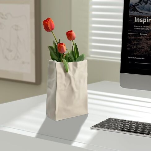 Paper Bag Vase Crinkle Wide Ceramic Flower Vase Cream White Boho Wabi-Sabi Vases, Cute Home Office Living Room Decor Aesthetic Unique Bookshelf Decorative, Bouquet Gifts for Women Girl 8 Inch in Kuwait