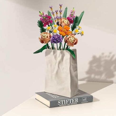 Paper Bag Vase Crinkle Wide Ceramic Flower Vase Cream White Boho Wabi-Sabi Vases, Cute Home Office Living Room Decor Aesthetic Unique Bookshelf Decorative, Bouquet Gifts for Women Girl 8 Inch in Kuwait