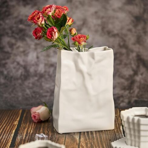 Paper Bag Vase Crinkle Wide Ceramic Flower Vase Cream White Boho Wabi-Sabi Vases, Cute Home Office Living Room Decor Aesthetic Unique Bookshelf Decorative, Bouquet Gifts for Women Girl 8 Inch in Kuwait