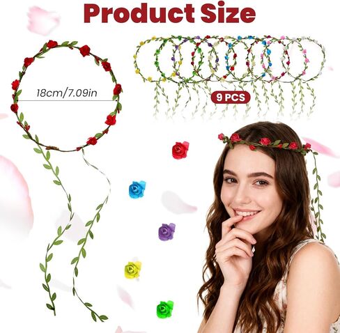 9 قطع من أغطية الرأس الزهرية، تيجان الزهور الملونة المتنوعة للنساء والفتيات، إكليل إكليل من الزهور البوهيمية لحفلات الجنيات وحفلات الزفاف والمهرجانات والعطلات in Kuwait