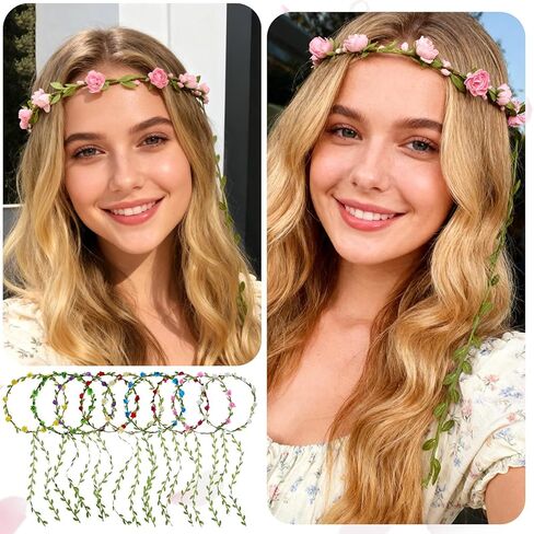 9 قطع من أغطية الرأس الزهرية، تيجان الزهور الملونة المتنوعة للنساء والفتيات، إكليل إكليل من الزهور البوهيمية لحفلات الجنيات وحفلات الزفاف والمهرجانات والعطلات in Kuwait