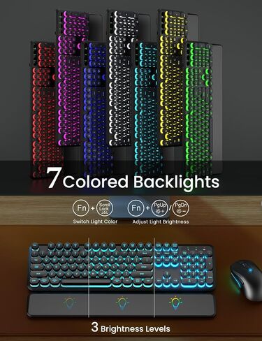 Wireless Keyboard and Mouse Backlit - Typewriter Keyboard with Magnetic Wrist Rest, Retro Round Keys, Light Up Letters, 2.4GHz Cordless Combo for Mac, Windows, PC, Laptop, Trueque CK23Pro [Upgraded] | Retro Round Keys, Light Up Letters, 2.4GHz Cordless Co in Kuwait